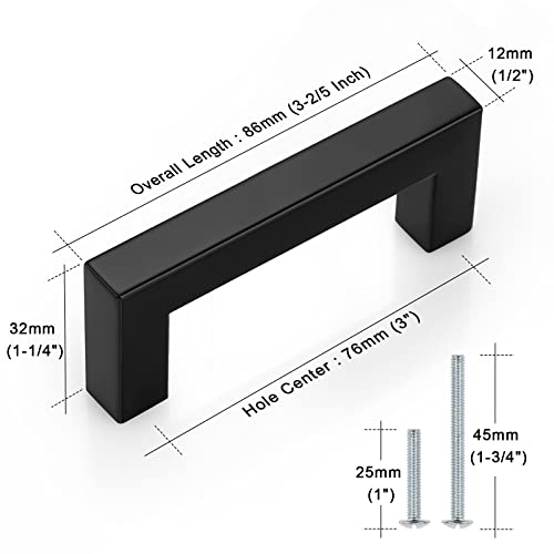 Probrico (10 Pack Matte Black Cabinet Pulls 3 Inch Hole Center Kitchen Cabinet Hardware Square Cabinet Pulls Stainless Steel Modern Drawer Handles - color: Black, size: hole center 3"