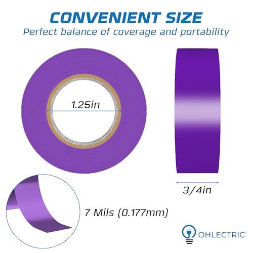 OHLECTRIC Professional Grade Vinyl Electrical Tape (10 Pack) Purple - 7 Mil Thick Flame-Retardant, Heat & Weather Resistant 3/4 Inch x 60 Feet | Ideal for Contractors & Electricians - size: 10 Roll, style: Purple