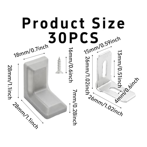 30PCS 90 Degree L Shape Metal Corner Brackets Gray Plastic Cover Right Angle Brace for Shelf Cabinet Chair Furniture, 1.1x1.1x0.7 with Screws - size: Gray