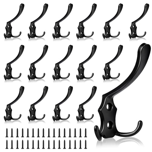 16 Pack Large Coat Hooks, Heavy Duty Three Prong Black Metal Wall Hooks - color: Black, size: 16PCS