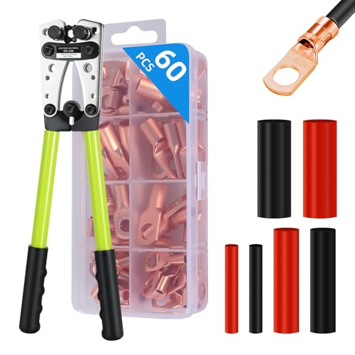 Battery Cable Lug Crimping Tool with 60pcs Copper battery terminal connectors,60pcs Dual Wall Adhesive Heat Shrink Tubing,Wire Crimper Tool for AWG 10-1/0 battery Cable Ends Crimper - color: Crimper With 120 Accessories