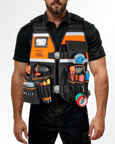 Electrician Tool Vest for Men, Carpenter Safety Work Vest - color: Orange