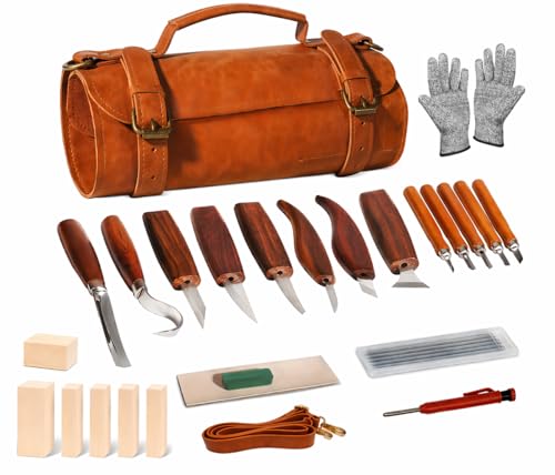 Deluxe Wood Carving Kit, 26Pcs Whittling Tools with 6 Basswood Blocks & Leather Case, High-Carbon Steel Knives, Safety Gloves, Woodworking Set for Beginners Adults DIY Craft Gifts