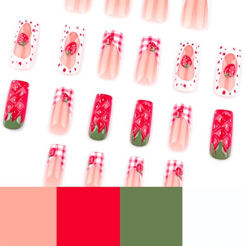 Strawberry Press On Nails Long Square 24pcs, Cute Fruit False Nails with Red Strawberry 3D Design, Pink Gingham French Tips Fake Nails, Glossy Stick On Acrylic Nails Reusable Nail Kit for Women Girls - color: 35-Nude Strawberry