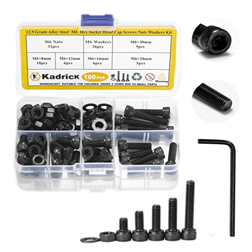 Kadrick Metric Screws Assortment - 100 Pcs M6 Hex Socket Head Cap Bolts, 8mm/12mm/16mm/20mm/30mm With Nuts and Washers - 12.9 Grade Alloy Steel, Black Zinc Plated, Anti-Rust Upgrade - size: M6 100Pcs