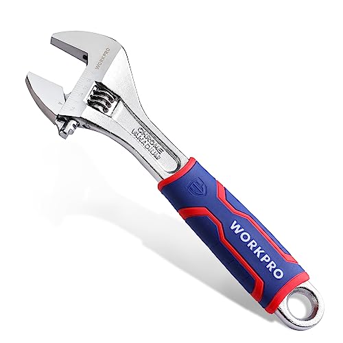 WORKPRO 10-Inch Adjustable Wrench, Wide Jaw, Metric/SAE Scales | Rubber Anti-Slip Grip, Premium Cr-V Steel, Chrome-Plated Finish for Strength and Corrosion Resistance - size: 10 inch