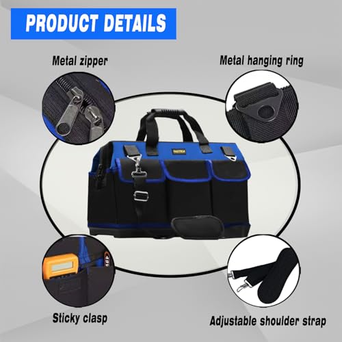 FASTECH 20 Inch Bottom Tools Bag With Wide Mouth For Tool Storage, Carrier and Organizer, Heavy Duty Tool Tote Bag for Men/Women, Wide Mouth Tool Bag With Inside Pockets (20 Inch) - size: 20INCH