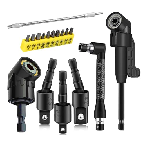 17Pcs Tools Flexible Drill Bit Extension,Include 3Pcs Rotatable Socket Adapter 2Pcs Hex Shank 105° Right Angle Drill Attachment 10 Short Screwdriver Bits 90° Angled Bits & Bendable Drill Bit Extension - color: 16*black