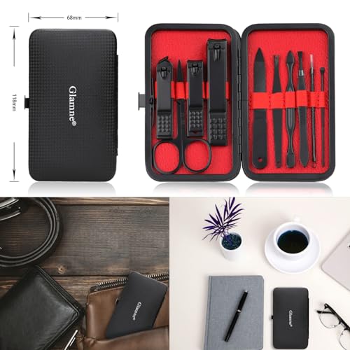 Glamne Manicure Set Nail Clippers Kit Professional Stainless Steel Nail Care Tools with Leather Travel Case 10 in 1 Black - color: Red