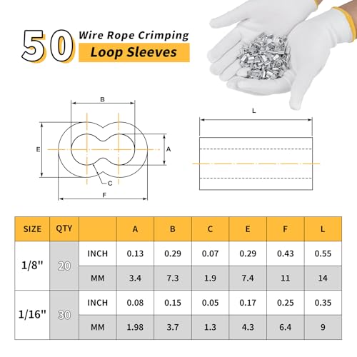 Wire Rope Crimping Tool 1/8'', Steel Crimper & 50pcs Alum. Sleeves
