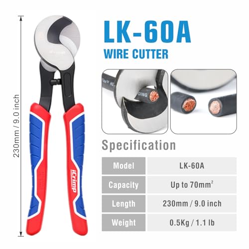 iCrimp Battery Cable Lug Crimping Tool for 8, 6, 4, 2, 1, 1/0 AWG Heavy Duty Wire Lugs, Battery Terminal, Copper Lugs with Wire Shear Cutter