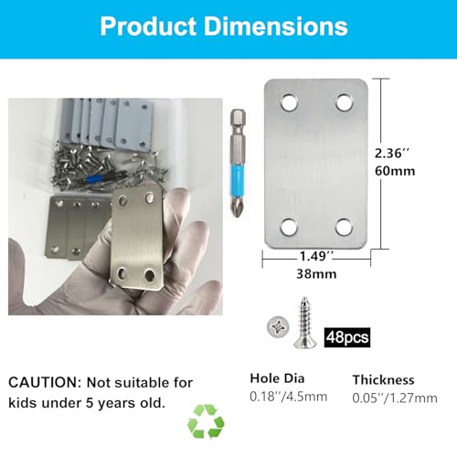 QSJ 12 Pack Flat Mending Plate, Metal Bracket, Stainless Steel Brace 2.36 x 1.49'', Fixing Joining Plate for Wood with 48PCS Screws, 1x Screwdriver., Black, QSJ-03 - size: Silver, 2.36x1.49''