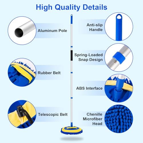 Ordenado 62" Car Wash Brush Kit Mitt Mop Sponge with Long Handle Chenille Microfiber Car Cleaning Brush Kit Supplies Car Washing Mop Kit Car Care Kit of Scratch-Free Replacement Head for Car RV Truck - color: B-blue