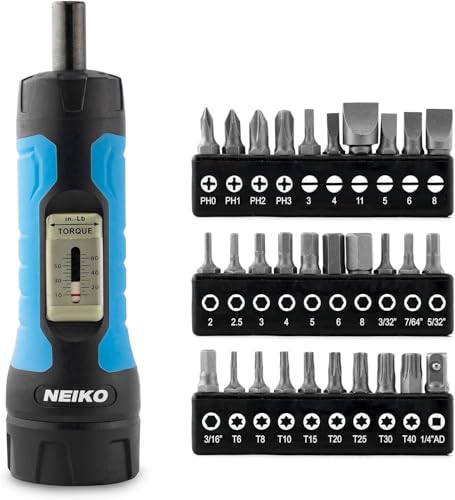Neiko 10574A 1/4” Drive Torque Wrench Screwdriver Set | 30 Pieces of S2 Steel Philips, Hex, Slotted, and Torx Bits | 10 to 60 Inch-Pounds Torque Adjustment Range | Firearms Accurizing and Gunsmithing - size: Torque