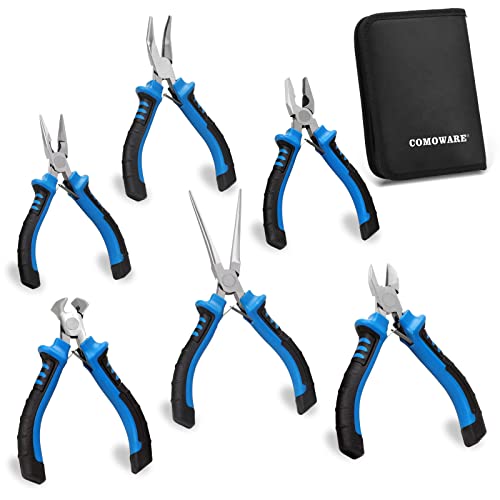 COMOWARE 6-Piece Mini Pliers Set, Multi-Function Precision Tools with Needle, Bent & Cutting Tips for Electronics, DIY & Crafting - color: Blue