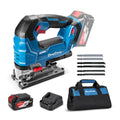 DongCheng 20V Brushless Cordless Jigsaw, 800-3500 SPM Variable Speed, 26mm Stroke, 4-Position Orbital Action, 0-45° Bevel Cut, Cuts Wood, Metal & Aluminum, 4.0Ah Battery, Charger, 6 Blades, Tool Bag - style: Jig Saw