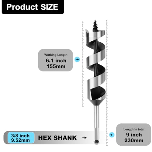 1-1/2" X 9" Auger Bit for Wood, 38x230mm Hex Long Auger Drill Bit | 3/8" Hex Shank,for Hard Wood,Ship, Composite Materials, Drywall and DIY Projects - size: 1-1/2" (38mm)diameter, style: 9 inch / 230mm Length