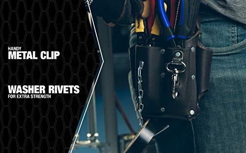 Southwire POUCH4 Leather Tool Pouch; 5 Pocket Pouch with Electrical Tape Chain; Fade Resistant; Durable Compartments; Washer Rivets; Includes Metal Tool Clip; Dark Brown