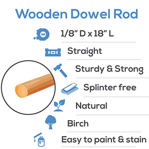 Wooden Dowel Rod, 1/8 Inch x 18 Inch Wood Dowels, Pack of 25 Wooden Dowels for Crafts, Unfinished Hardwood Wooden Dowels Rods, Strong Wood Rod Dowels for Crafting and DIYers - color: Pack of 25, size: 1/8" x 18" Dowels