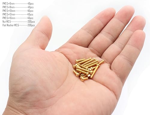 LBY 600pcs Machine Screws Assortment Kit, M2.5 Phillips Pan Head Bolts, 5 Sizes (with Nuts and Flat Washers), Copper (Yellow) - size: M2.5