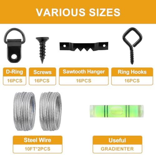 KURUI 303Pcs Picture Hangers for Wall Art Decor Tapestry, Picture Hanging Kit With Heavy Duty Wall Hooks, Sawtooth, Picture Wire, D Rings, Hardware Nails, Eye Hooks, Black Frame Hooks for Drywall Wood - size: Black