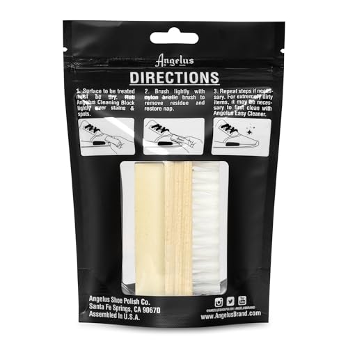 Angelus Suede & Nubuck Cleaner Kit - 1 Cleaning Eraser Block and 1 Nylon Bristle Brush - Eliminates Stains, Removes Spots, Restores Nap - for Leather Suede Shoe, Handbags, Jackets, Boots, Furniture