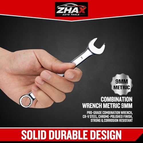 zhax 9mm Metric Combination Wrench, 12 Point Box End, 15 Degree Offset Design, Mirror Polish Finish, Forged CR-V Steel, Hand Tools for Mechanics, Ideal for Auto and Home Repair - size: 9mm