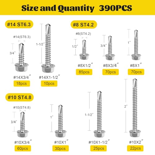 390Pcs #8#10#14 Self Tapping Screws Assortment Kit, 410 Stainless Steel Self Drilling Screws Set, Hex Washer Head Sheet Metal Screw Silver, Length 1/2" 3/4" 1" 1-1/2" 2" - size: 390pcs #8#10#14 Silver