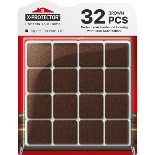 X-PROTECTOR Felt Furniture Pads - 32 PCS 1 1/2" Floor Protectors for Chair - size: 1 1/2" 32 Brown, Square