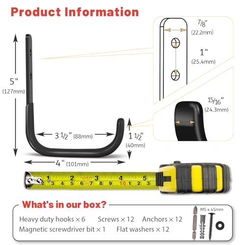 Garage Hooks 4 Inch, 6 Pack Heavy Duty Wall Hooks for Hanging - color: Black
