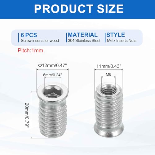 MECCANIXITY 6Pcs Threaded Inserts Nuts, M6x20mm Hex Socket Drive Nut Inserts for Wood - 304 Stainless Steel Screws Furniture Screw in Nuts Bolt Fastener Connector Wood - size: M6x20mm