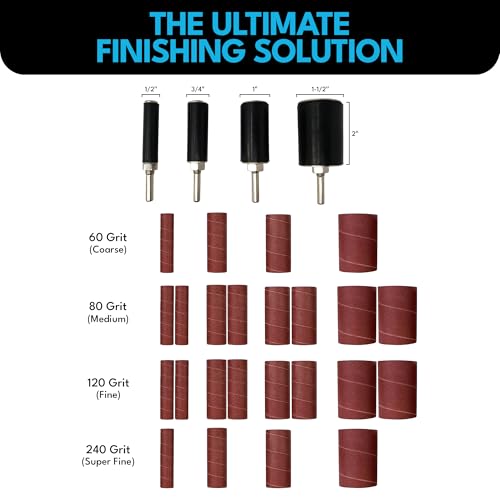 LINE10 Tools 28pk Sanding Drum and Sleeves Set, Spindle Sander Attachment for Drill and Drill-Press, Die-Grinder, 2-inch Extra Long Surface, 1/4-inch Shank 60, 80, 120 and 240 Grit