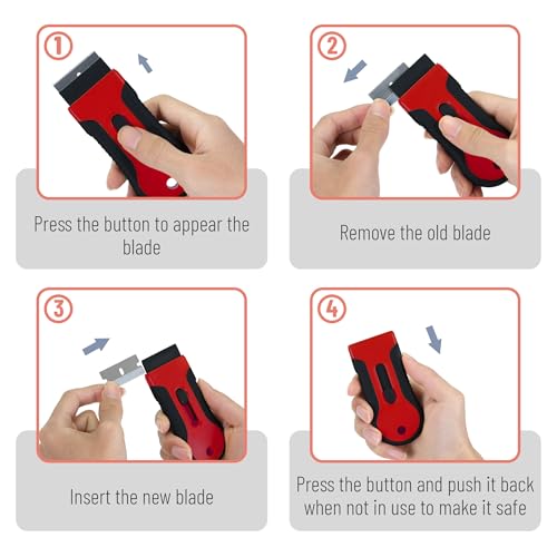 Bates- Razor Blade Scraper Tool, 2 Pack, 30 Extra Stainless Steel Blades, Anti-Slip Ergonomic Handle Design, Razor Scraper Set for Cleaning Window, Paint, Oven, Glass, Stove - color: Black & Red