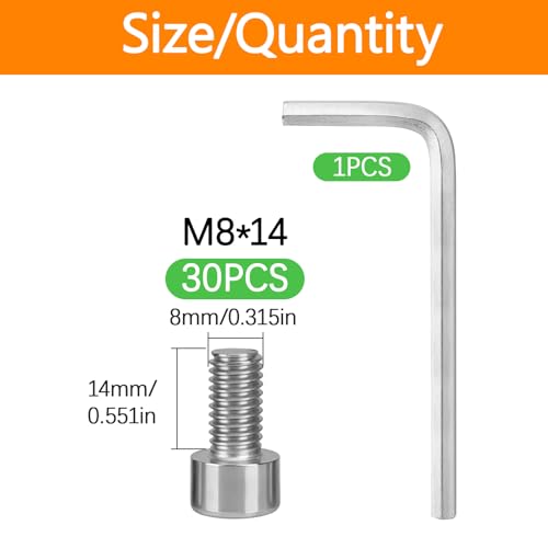 30 Pcs M8 x 14mm Stainless Steel Allen Socket Head Cap Screws, Full Thread Metric Fasteners, Bright Finish for Automotive & Machinery Use - size: M8x14mm-30Pcs