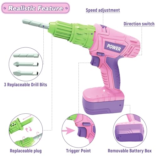 Kids Construction Tool Set for 3 4 5 6 7 Year Old Boys Girl,Pink Preschool Pretend Play Tool,Pretend Play Tools Set Toddler Toys,with Electric Drill Chainsaw、Electric Drill,Toy Tools Gifts for Kids