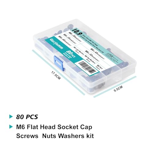 80 Pcs M6 x 30mm 35mm 40mm 45mm 50mm, Flat Head Hex Socket Cap Screws Countersunk Bolts Washers Nuts Assortment Kit, 10.9 Grade Alloy Steel, Black Oxide Finish, Metric Allen Drive - size: M6x30/35/40/45/50mm