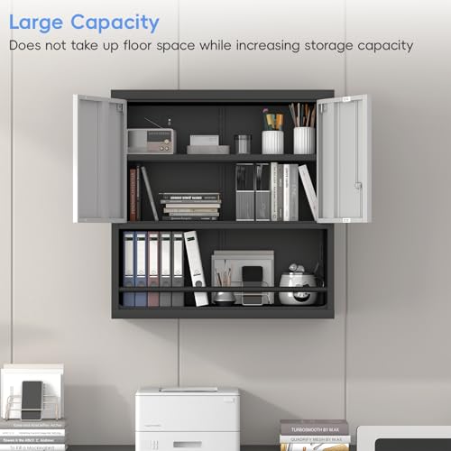 Garage Locking Cabinet, Wall Storage Cabinet with Shelves, Hanging Cabinets with Open Storage, Small Wall Cabinet, Lockable Tool Cabinet for Basement, School, Office - color: 31"h - Grey/Black