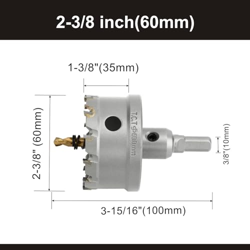 2-3/8''(60mm) TCT Hole Saw,Tungsten Carbide Hole Saw with Titanium-Plated Pilot Drill bit for Hard Metal,Alloy,Aluminum,Stainless Steel,Plastic,Iron - size: 2-3/8''(60mm) (1PCS)