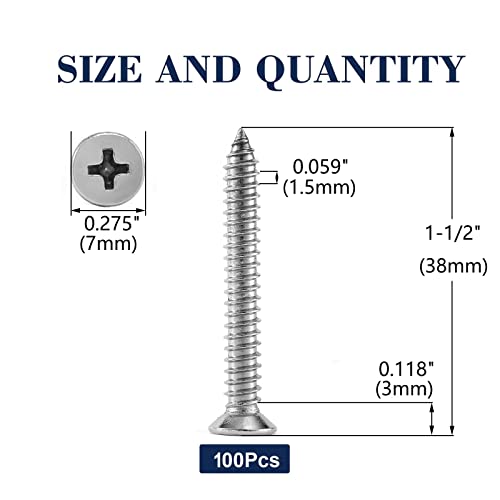 #7 x 1-1/2" Wood Screw 100Pcs 18-8 (304) Stainless Steel Screws Flat Head Phillips Fast Self Tapping Drywall Screws by SG TZH - size: #7 x 1-1/2"