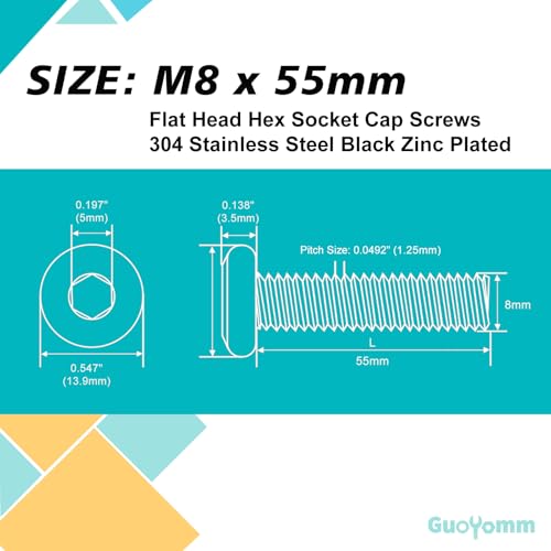 M8-1.25 x 55mm 15Pcs Flat Head Hex Socket Cap Screws, 304 Stainless Steel 18-8, Black Zinc Plated, Connection Furniture Bolts, Full Thread - size: M8 x 55mm(15PCS)