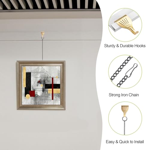 Picture Hanging Kit 10Pcs Rail Hooks with 10Pcs Chains, Metal Picture Display Hanging System for Wall Pictures, Exhibition(Black+Gold) - color: Gold/Black,10 chain + 10 hook, size: 0.3m
