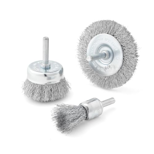 BOSCH WB025V3 3-Piece Wire Brush Set - Crimped Wire Wheel, End Wire Brush & Wire Cup Brush for Efficient Paint, Varnish & Rust Removal - Compatible with Drill/Drivers for Easy Surface Preparation