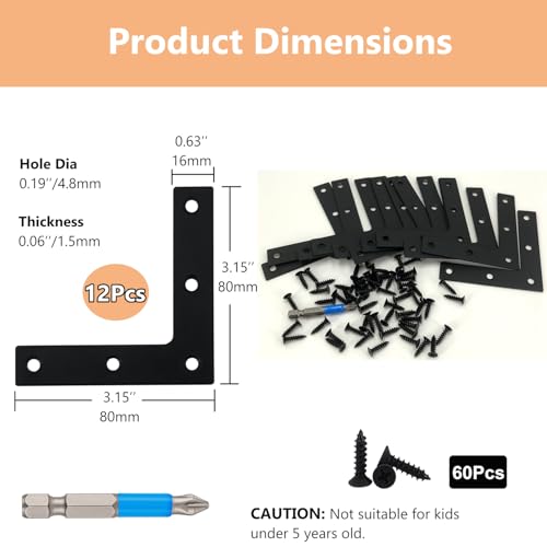 QSJ 12 Pcs L Flat Straight Brackets Corner Bracket Set 3.15'' Bracket Brace Mending Plate Stainless Steel for Wood - size: Black, 3.15x3.15''