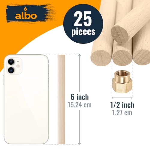 ALBO 1/2" x 6" Wooden Dowel Rods, 25 PCS Birch Natural Thin Hardwood Dowels - size: 1/2" x 6" 25 Pcs