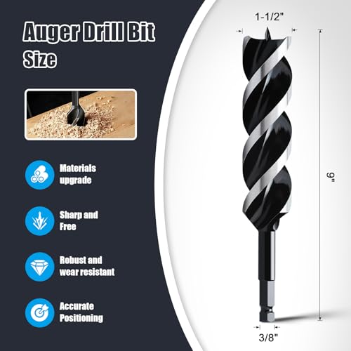 1-1/2" x 9" Auger Drill Bit for Wood,Hex Shank Tri Flute Drill Bit - size: 1-1/2"x9"