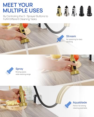 J-HVA Pull Down Kitchen Faucet Sprayer Head Replacement Part, Brushed Gold | 3 Function with 15 Adapters Pull Out Sink Sprayer Replacement Nozzle, Kitchen Faucet Head Hose Spray Tap Spout - color: Brushed Gold