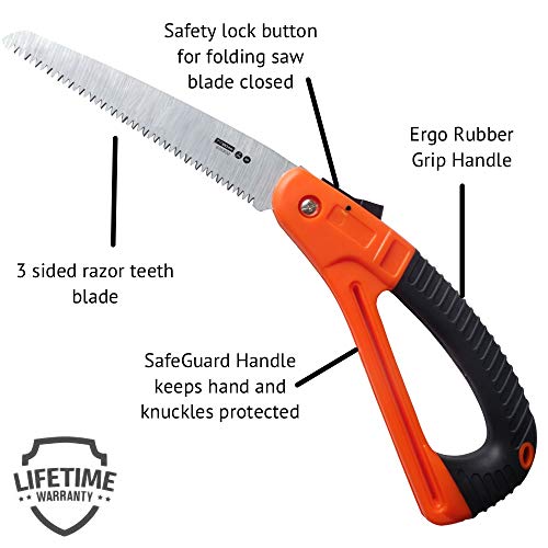 Edward Tools Harden Folding Pruning Saw with SafeGaurd Handle - 7” Hight Hardness Steel 3 Sided Razor Tooth Blade for Cutting Trees and Limbs - Saw for Camping, Hunting, Wood Clearing