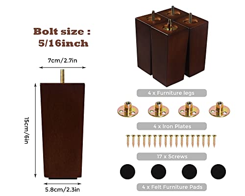 6 Inch Couch Legs for Furniture Set of 4, Square Wooden Furniture Legs - size: 6 Inch