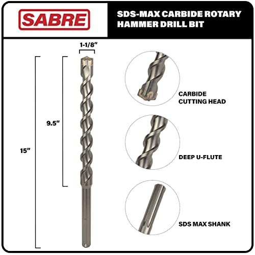 Sabre Tool 1-1/8 Inch x 15 Inch SDS MAX Rotary Hammer Drill Bit, Carbide Tipped for Brick, Stone, and Concrete - SDS MAX ONLY (1-1/8" x 9.5" x 15") - size: 1-1/8" x 15" Max