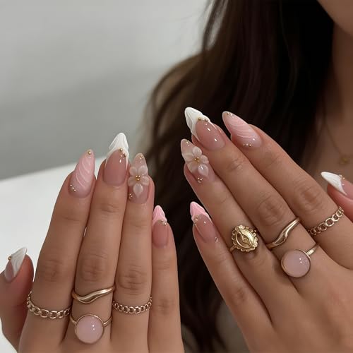 24Pcs Press on Nails Almond - Medium French Tip 3d Fake Nails with Embossed Flower Designs, Glossy Finish Reusable False Nails with Glue Tabs - 24Pcs Nail Kit (pink french tip flower) - color: pink french tip flower